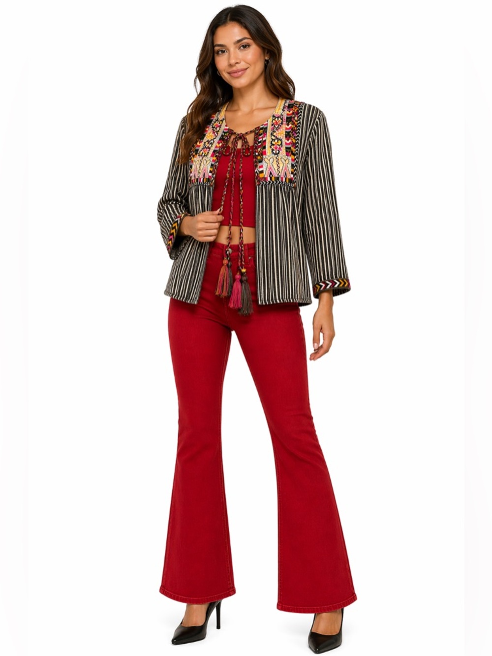 Miami Embroidered Tassel Tie Cardigan Women’s SZ S Carefree Grunge Gypsy Boho